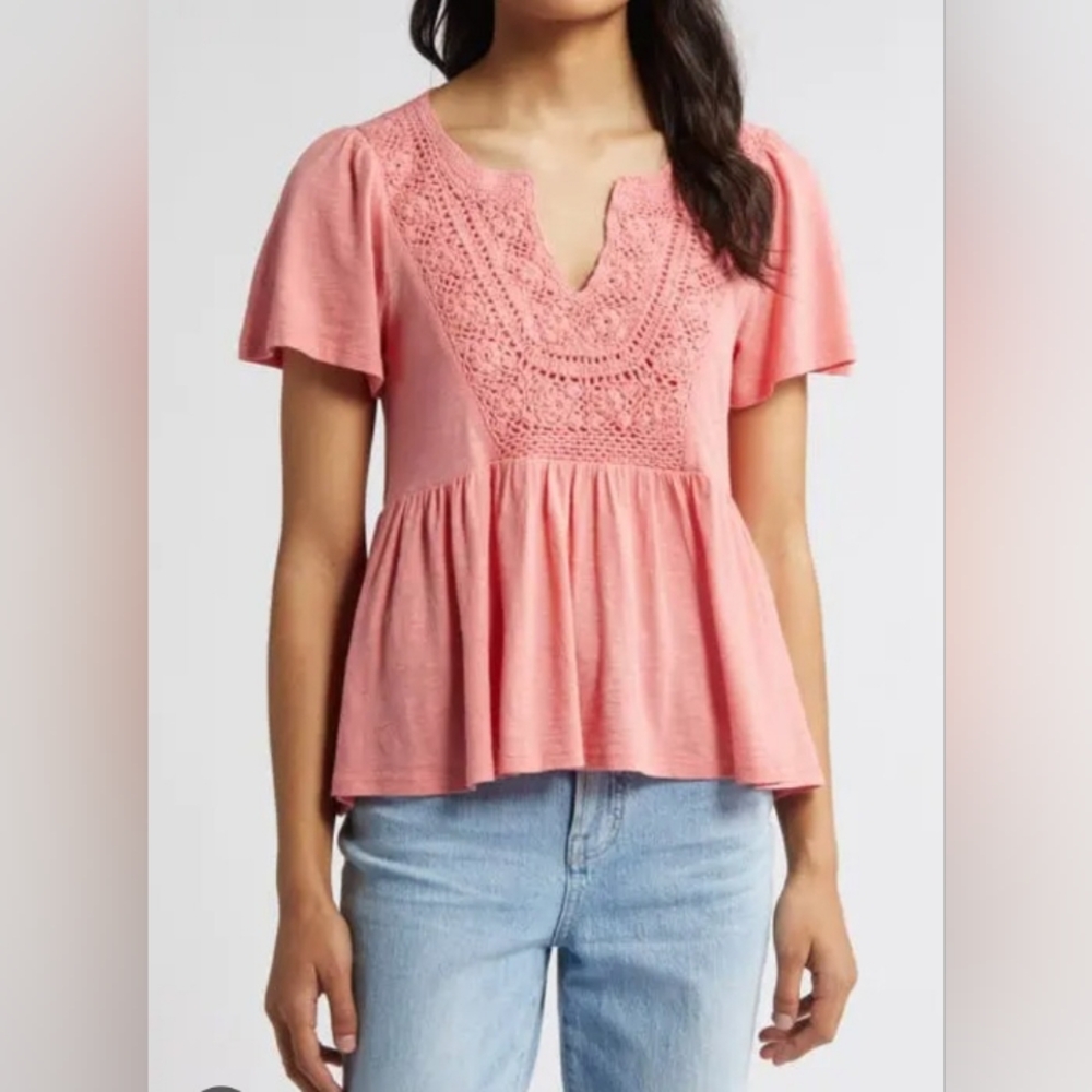 Pink Lucky Brand Crochet Detail Women's Top